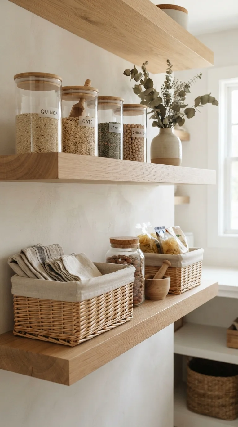 11 Modern Pantry Shelves Ideas 2026 1. Warm White Oak Floating Shelves