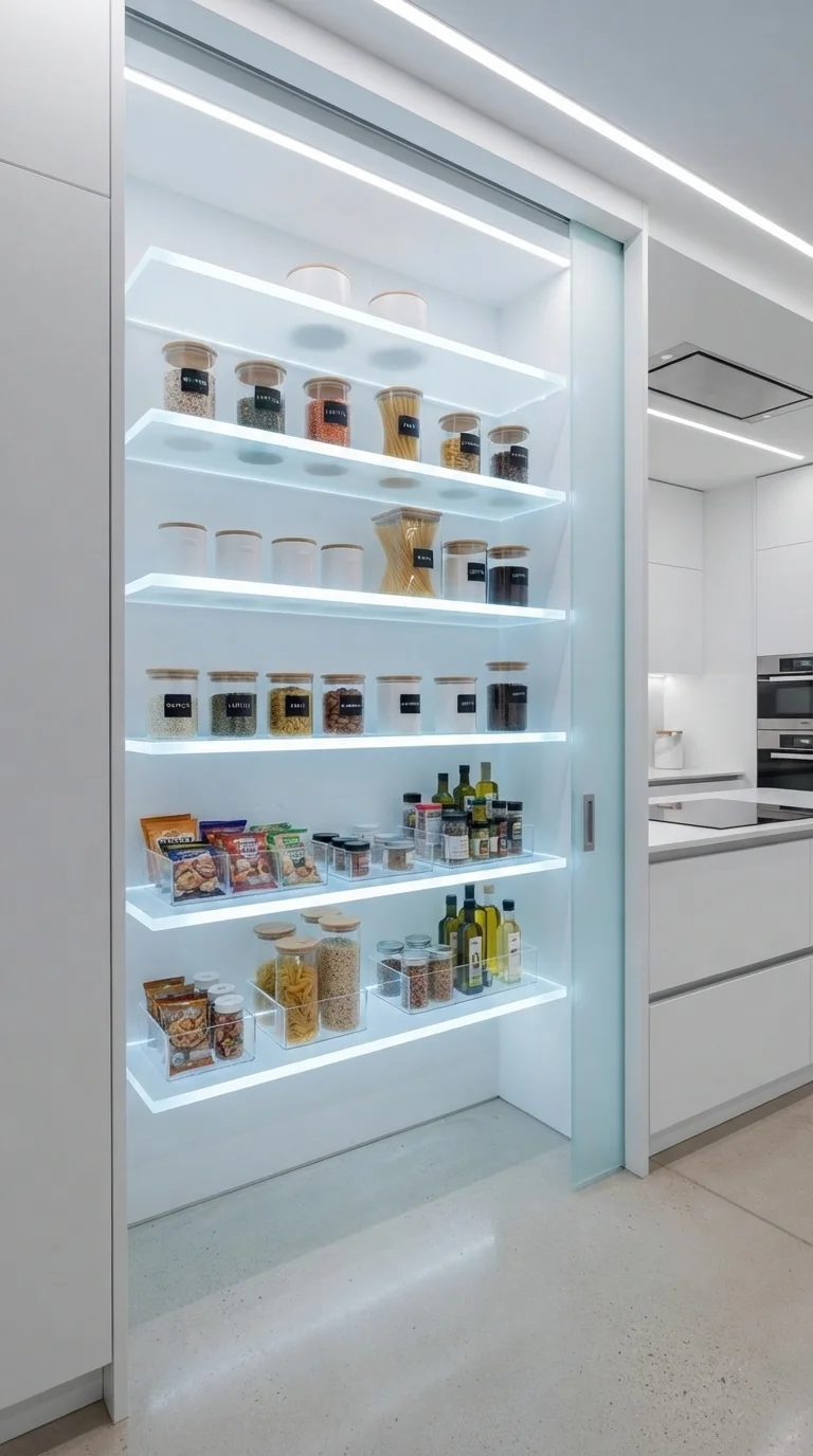 11 Modern Pantry Shelves Ideas 2026 10. Backlit Acrylic Shelving