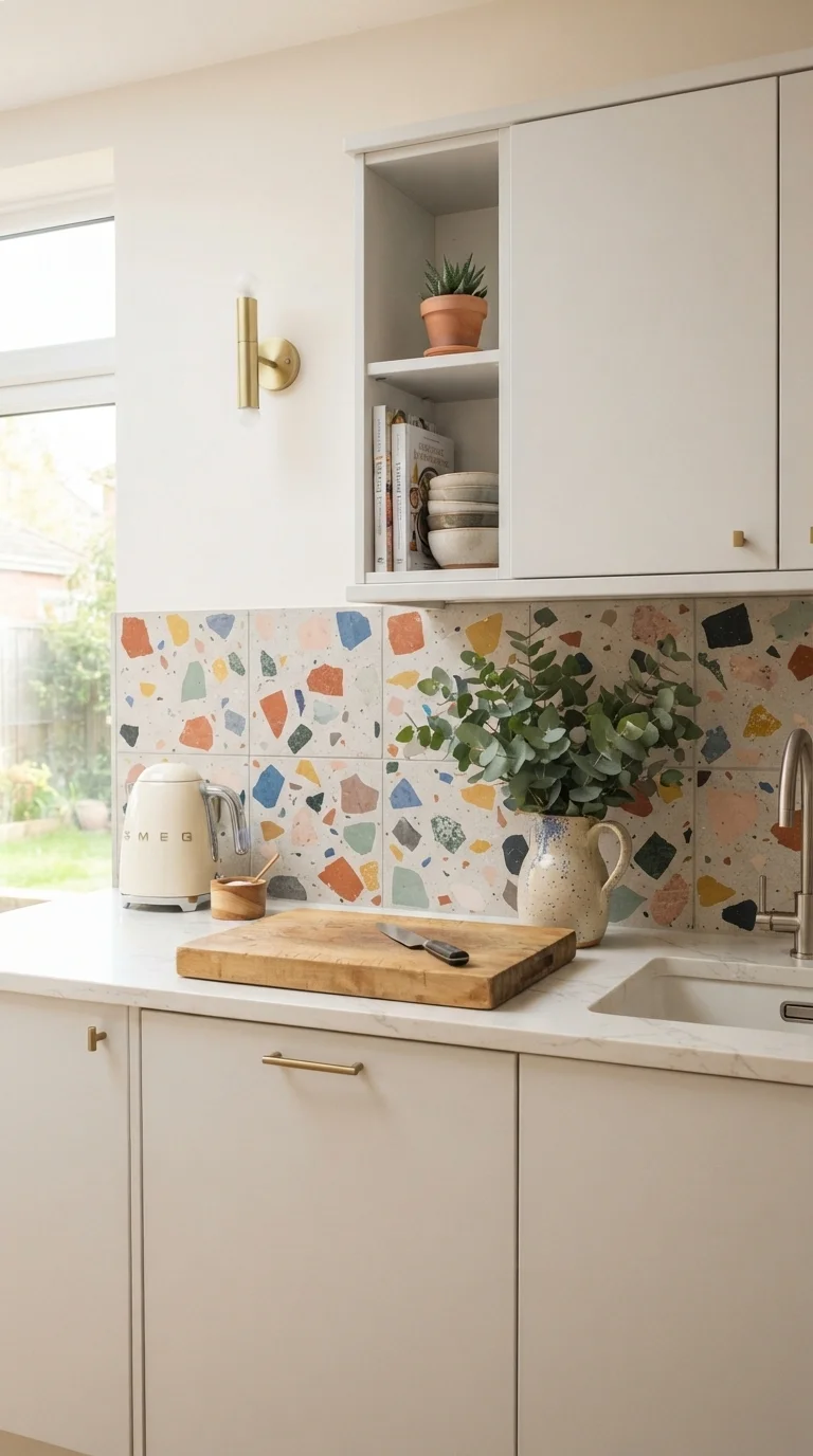 12 Kitchen Backsplash Ideas 2026 Modern White Cabinets 10. Bold Terrazzo Splatter