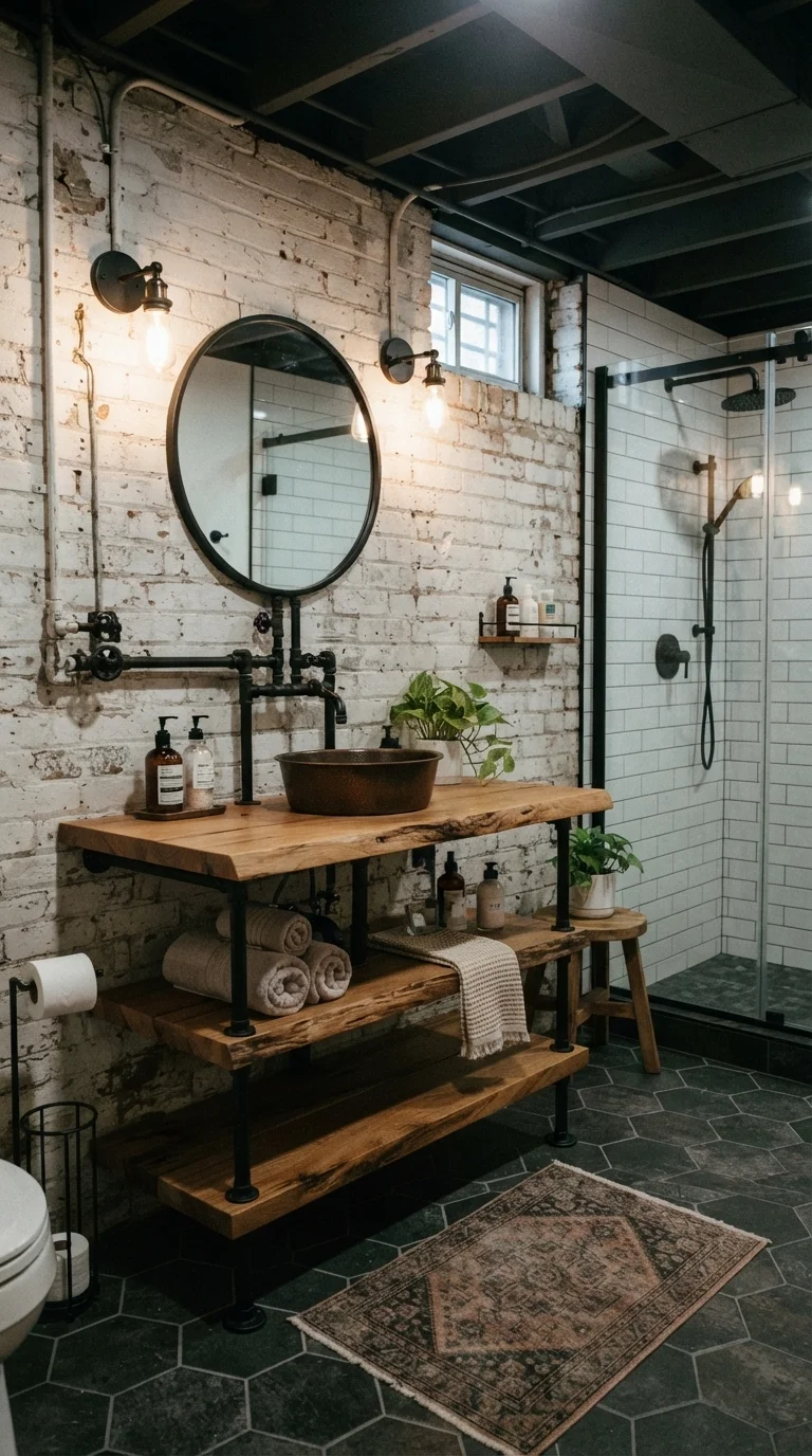 11 Basement Bathroom Ideas 2026 Modern Finished 10. Industrial Chic Exposed Elements