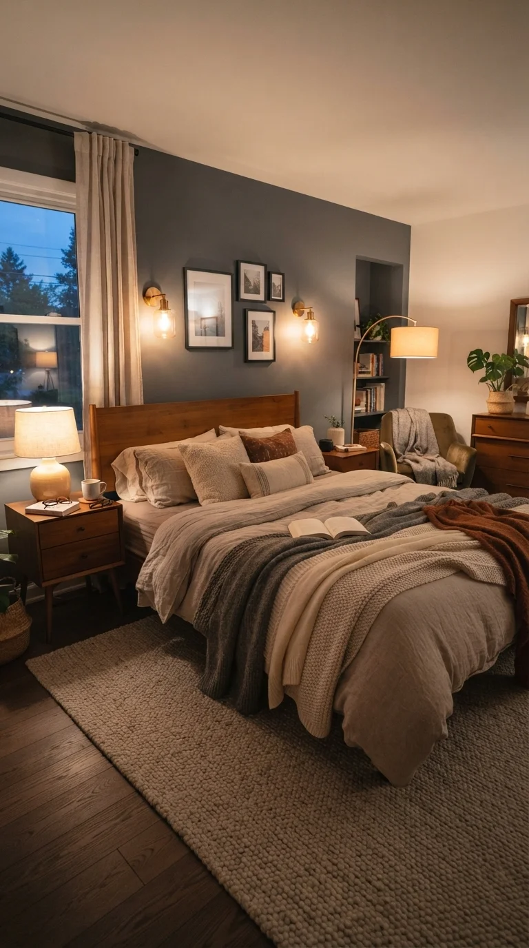 12 Grey Bedroom Ideas 2026 Aesthetic Cozy 10. Layered Lighting Strategy