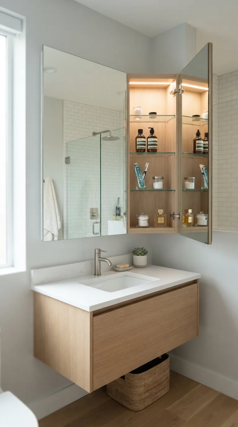 10. Mirror-Fronted Shelving for Hidden Storage