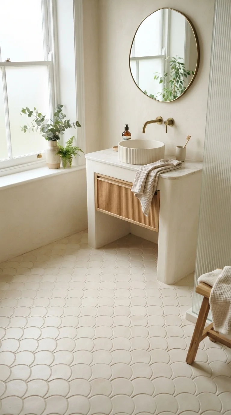 11 Budget-Friendly Bathroom Floor Tile Ideas 2026 10. Scalloped Ceramic Floor Tiles