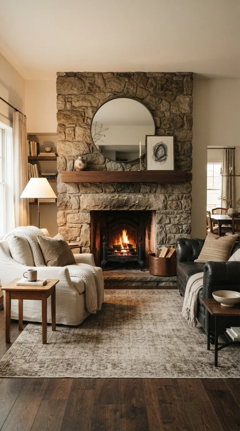 12 Living Room Decoration Ideas 2026 French Country Modern 10. Stone Fireplace Surrounds with Modern Mantels