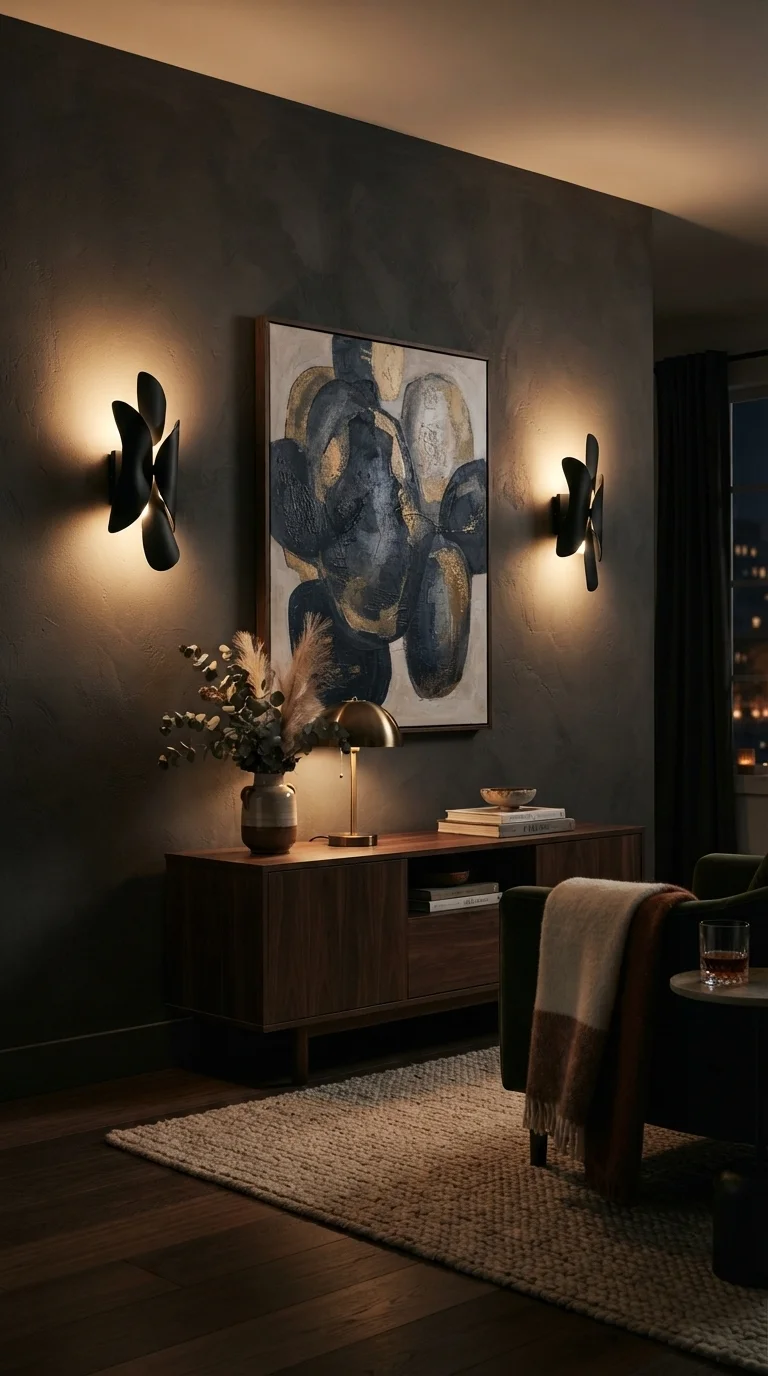 11 Cozy Living Room Wall Decoration Ideas 2026 10. Wall-Mounted Lighting as Art