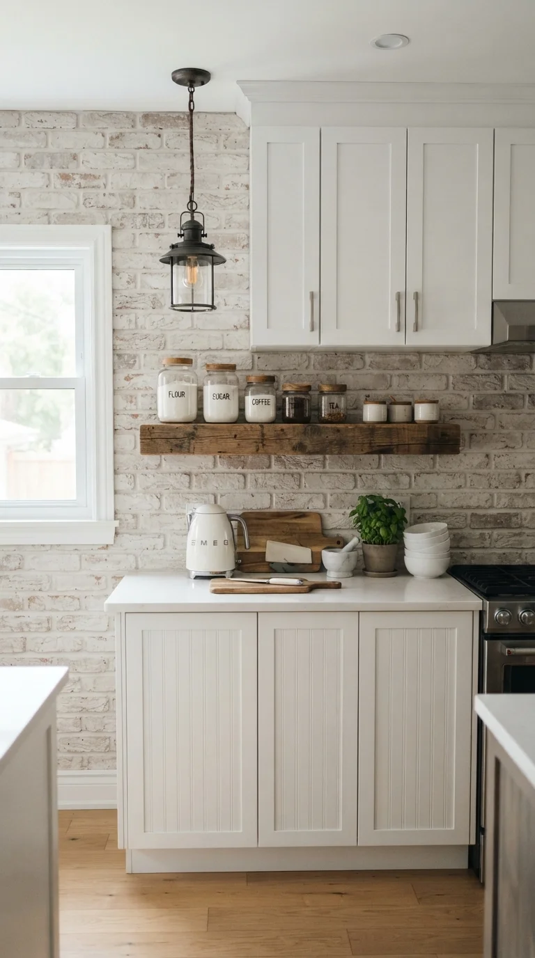 12 Kitchen Backsplash Ideas 2026 Modern White Cabinets 11. Brick Veneer for Industrial Charm