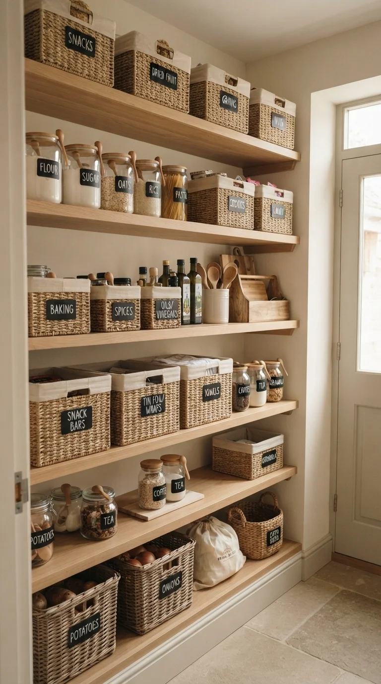 11 Pantry Remodel Ideas 2026 Small Kitchen 11. Color-Coordinated Storage Baskets