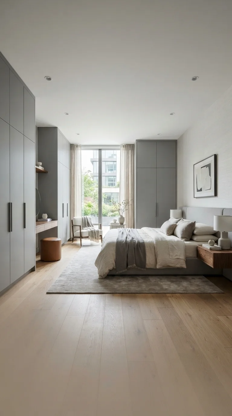 12 Grey Bedroom Ideas 2026 Aesthetic Cozy 11. Minimalist Storage Solutions