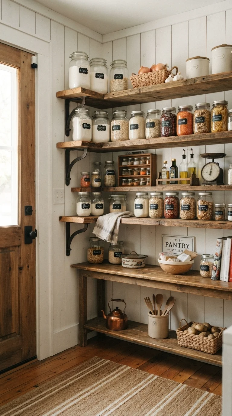11 Modern Pantry Shelves Ideas 2026 11. Reclaimed Wood Rustic Shelves