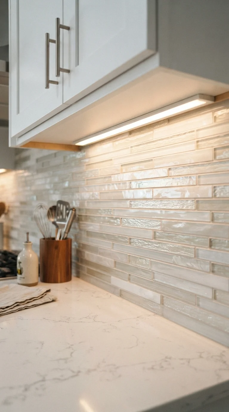 12 Kitchen Backsplash Ideas 2026 Modern White Cabinets 12. Linear Mosaic Glass Tiles
