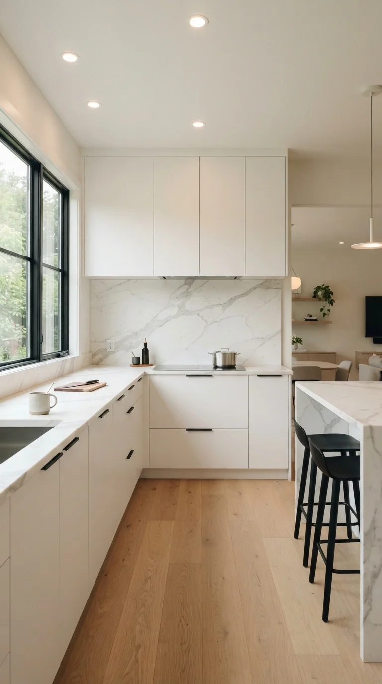 12 Kitchen Backsplash Ideas 2026 Modern White Cabinets 2. Full-Height Slab Marble for Seamless Luxury