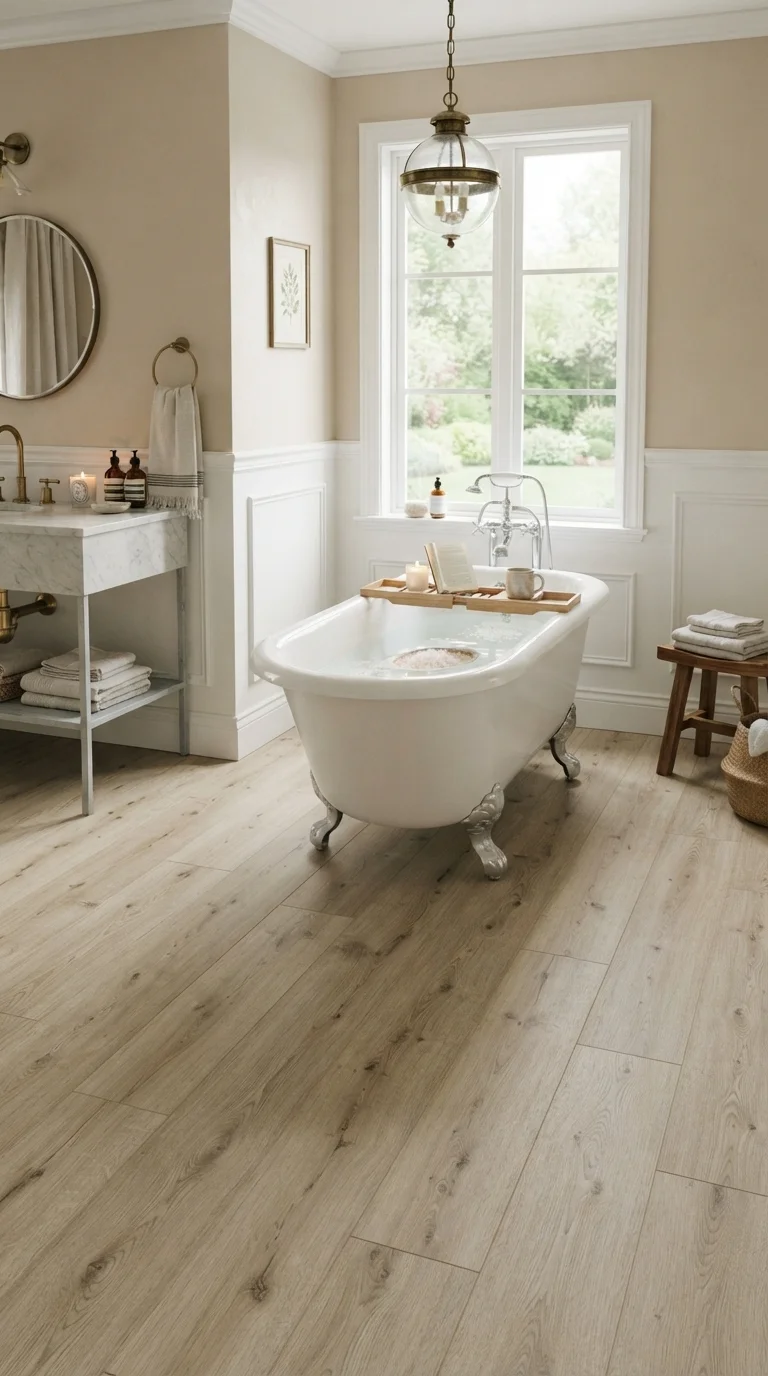 11 Budget-Friendly Bathroom Floor Tile Ideas 2026 2. Luxury Vinyl Plank in Weathered Oak