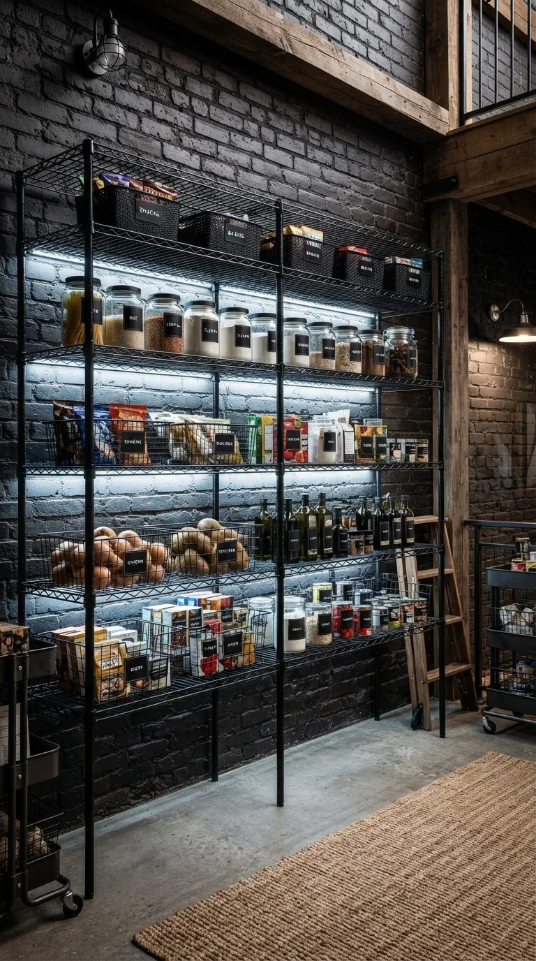 11 Modern Pantry Shelves Ideas 2026 2. Matte Black Metal Grid Systems