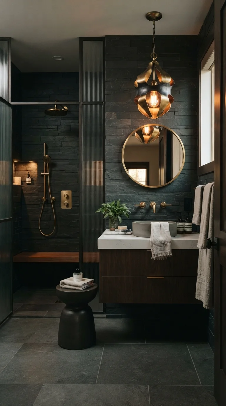 11 Basement Bathroom Ideas 2026 Modern Finished 2. Moody Charcoal and Brass Accents