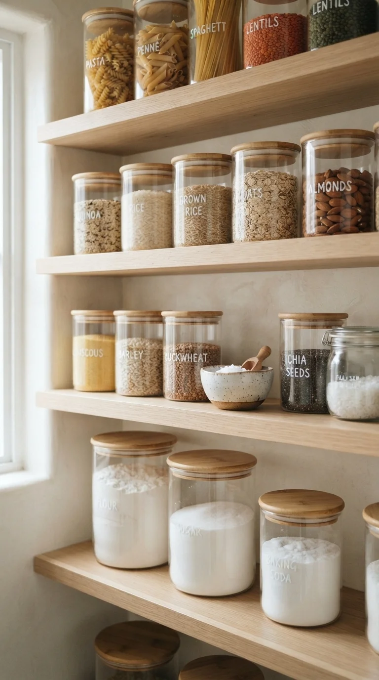 10 Food Pantry Ideas in The Kitchen 2026 Storage Organization 2. Open Shelving with Uniform Decanting