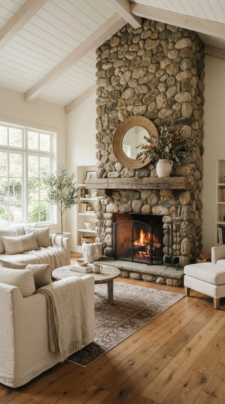 11 Farmhouse Living Room Ideas 2026: Cozy & Modern 2. Organic Stone Fireplace Surrounds