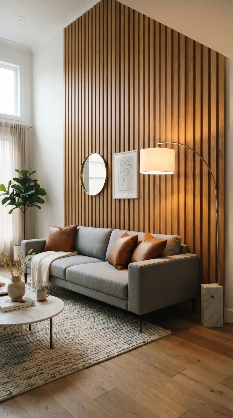 11 Cozy Living Room Wall Decoration Ideas 2026 2. Warm Oak Slat Paneling