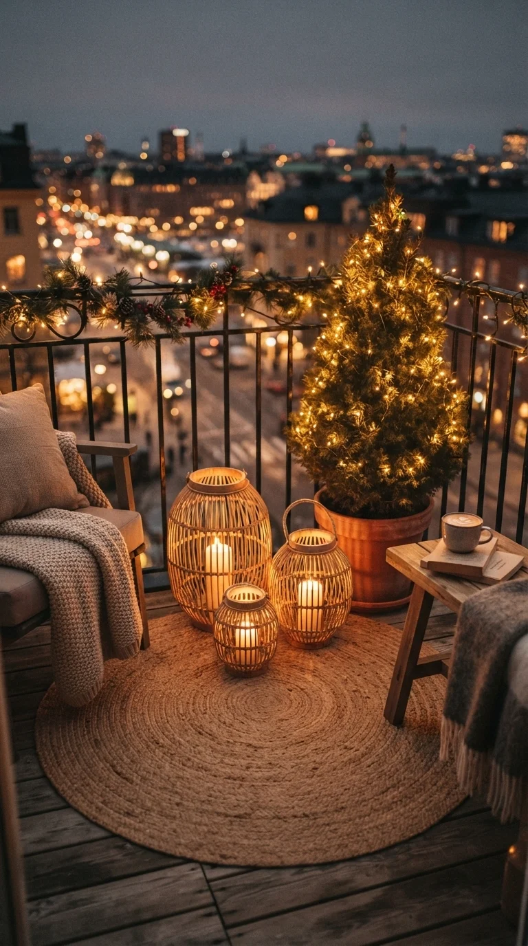 8 Christmas Lights Ideas 2026 House Balcony 2. Woven Rattan Lantern Clusters
