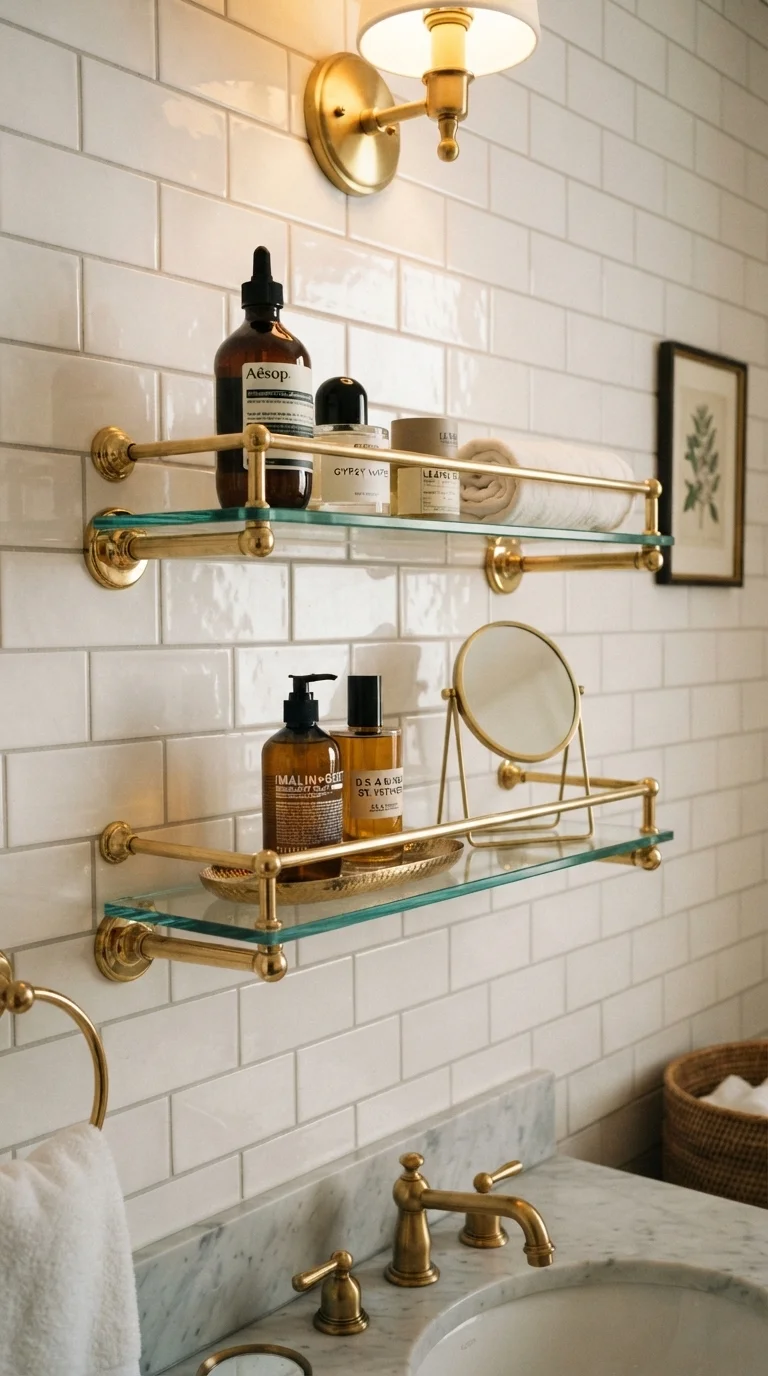 3. Brass Rail Shelving for Boutique Hotel Vibes
