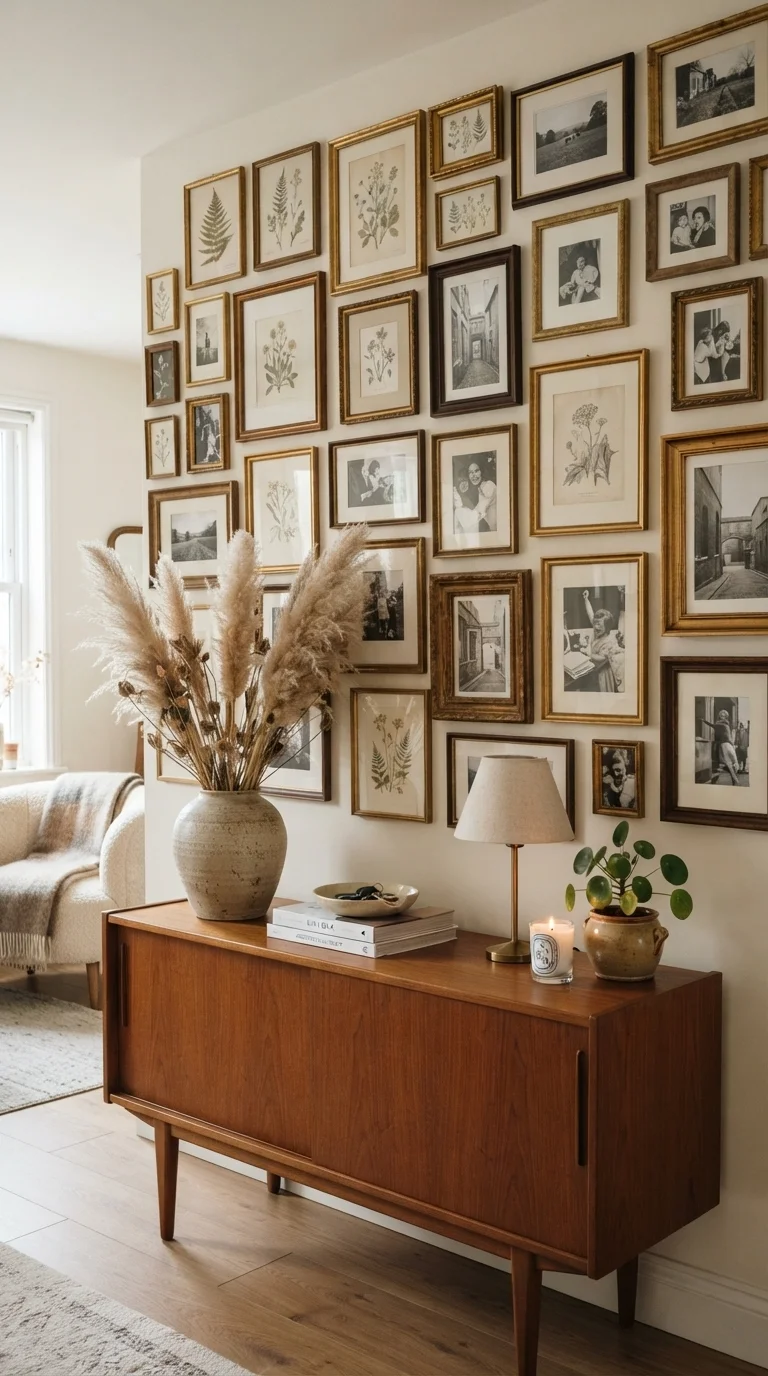 11 Cozy Living Room Wall Decoration Ideas 2026 3. Curated Gallery Wall with Vintage Frames