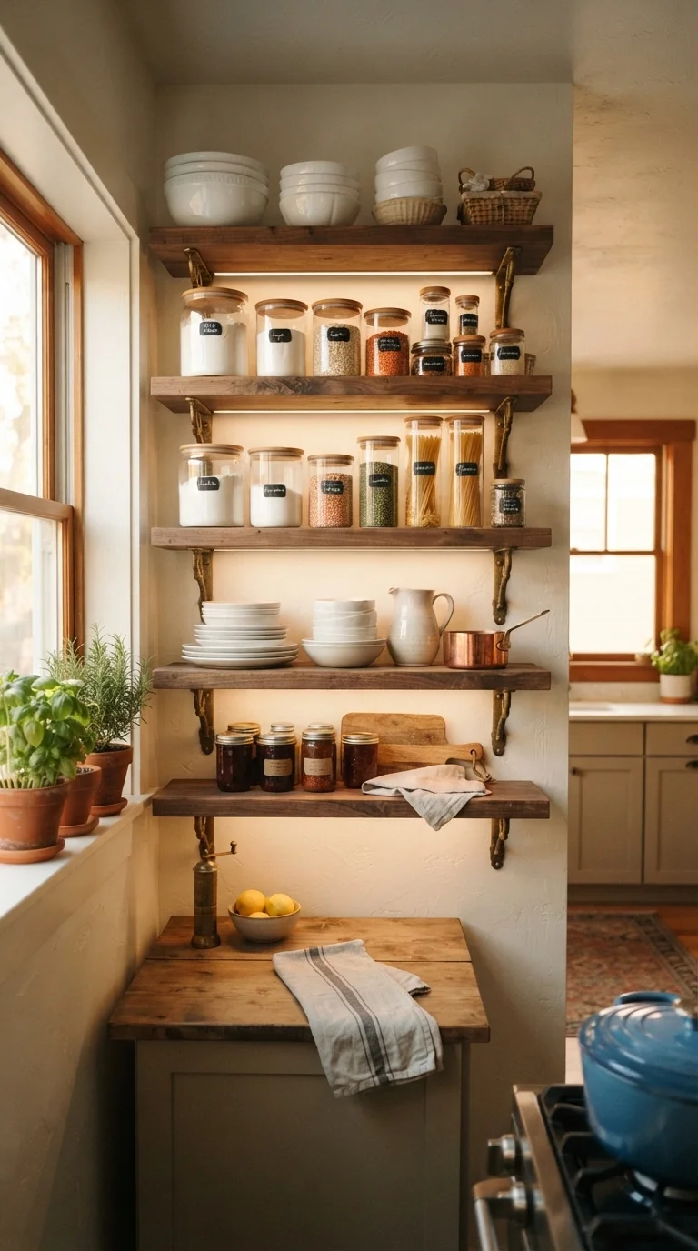11 Pantry Remodel Ideas 2026 Small Kitchen 3. Open Shelving with Decorative Brackets