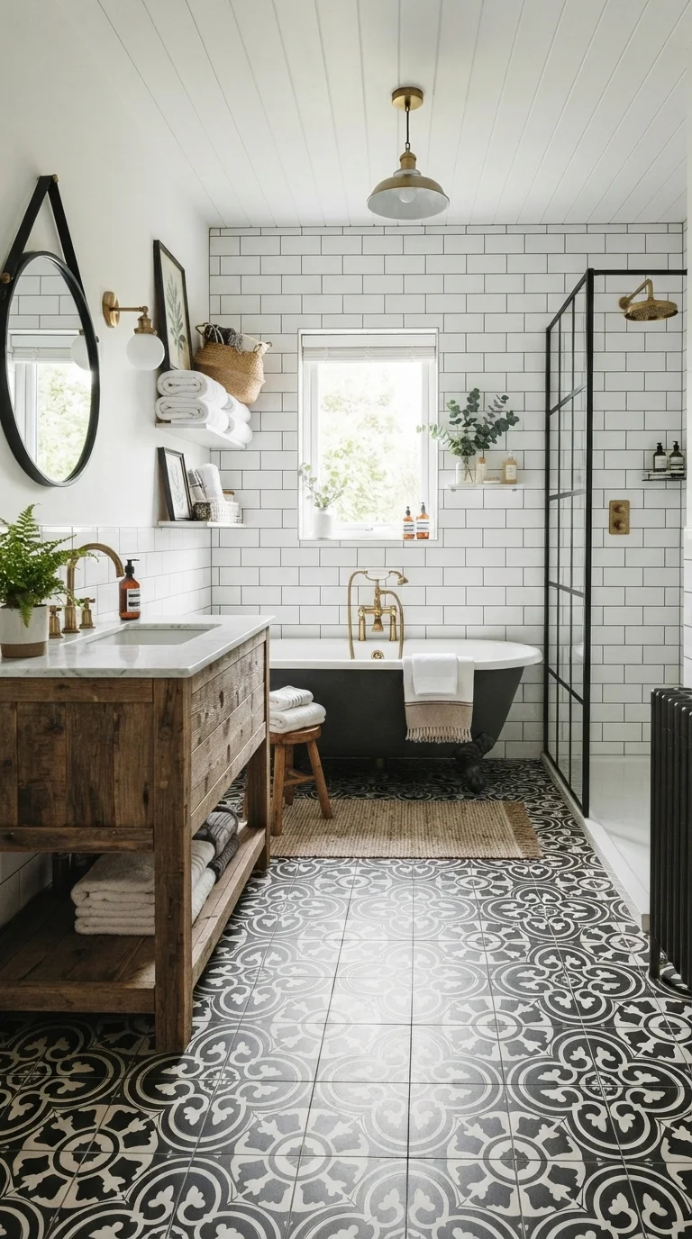11 Budget-Friendly Bathroom Floor Tile Ideas 2026 3. Patterned Encaustic-Look Ceramic