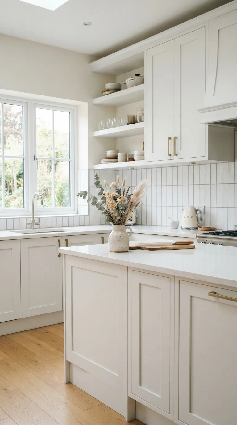 12 Kitchen Backsplash Ideas 2026 Modern White Cabinets 3. Vertical Stacked Subway Tile for Height