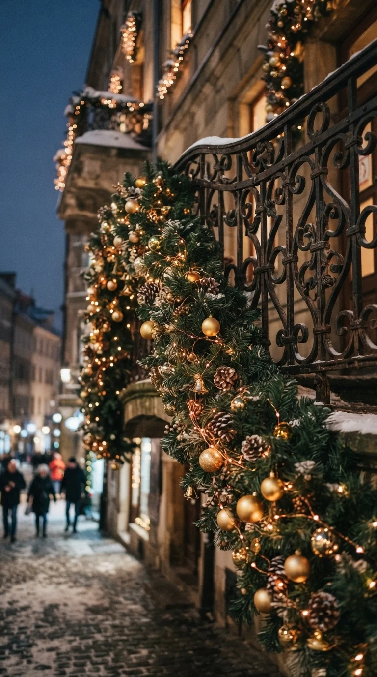 8 Christmas Lights Ideas 2026 House Balcony 3. Wrapped Evergreen Garland Accents