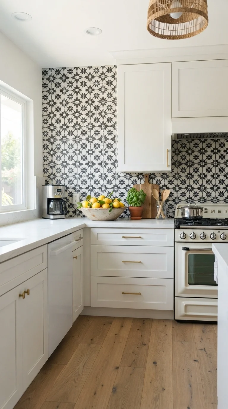 12 Kitchen Backsplash Ideas 2026 Modern White Cabinets 4. Bold Geometric Patterned Encaustic Tiles