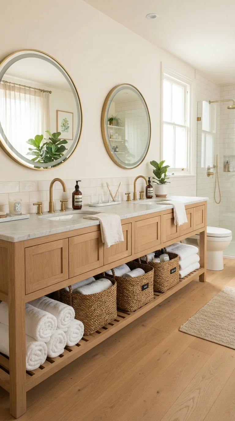 4. Double Vanity with Open Shelving