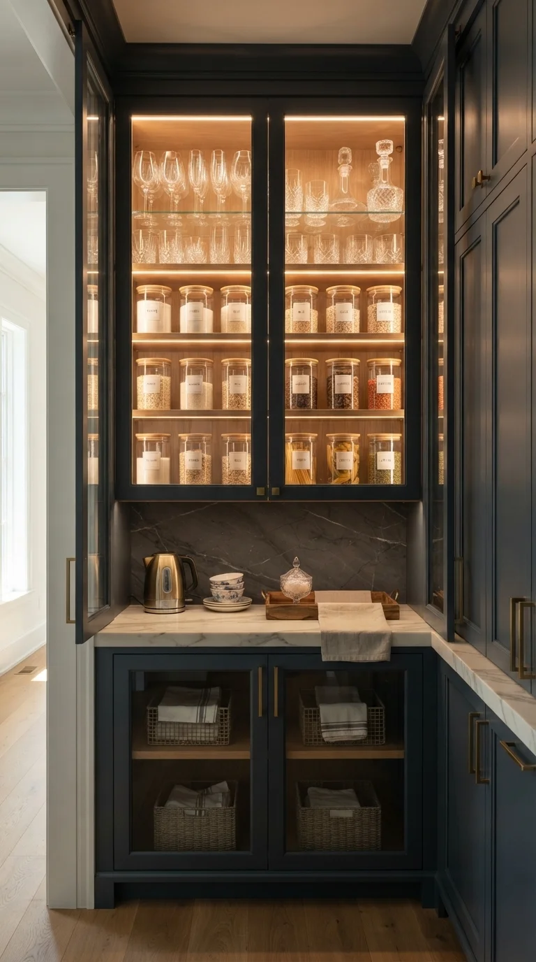 11 Modern Pantry Shelves Ideas 2026 4. Glass-Fronted Cabinet Shelving