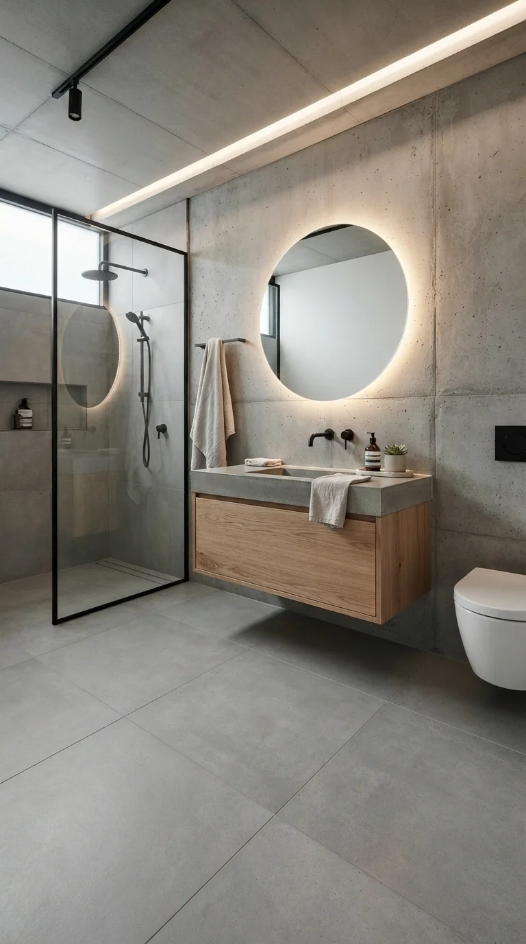 11 Budget-Friendly Bathroom Floor Tile Ideas 2026 4. Large-Format Concrete-Look Porcelain