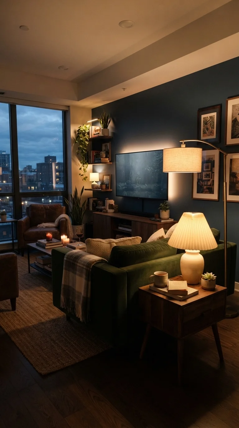 10 Apartment Living Room Ideas 2026: Cozy & Stylish 4. Layered Lighting for Ambiance