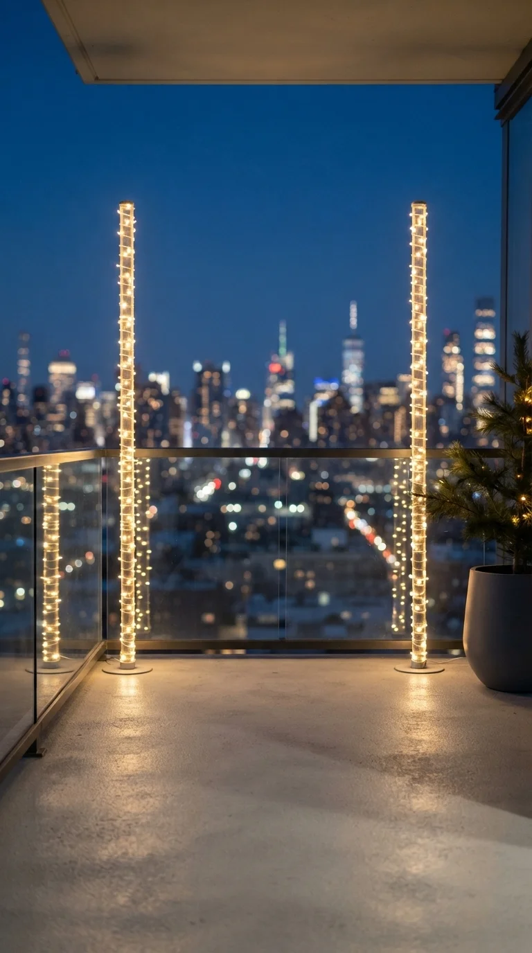 8 Christmas Lights Ideas 2026 House Balcony 4. Minimalist Vertical Light Columns