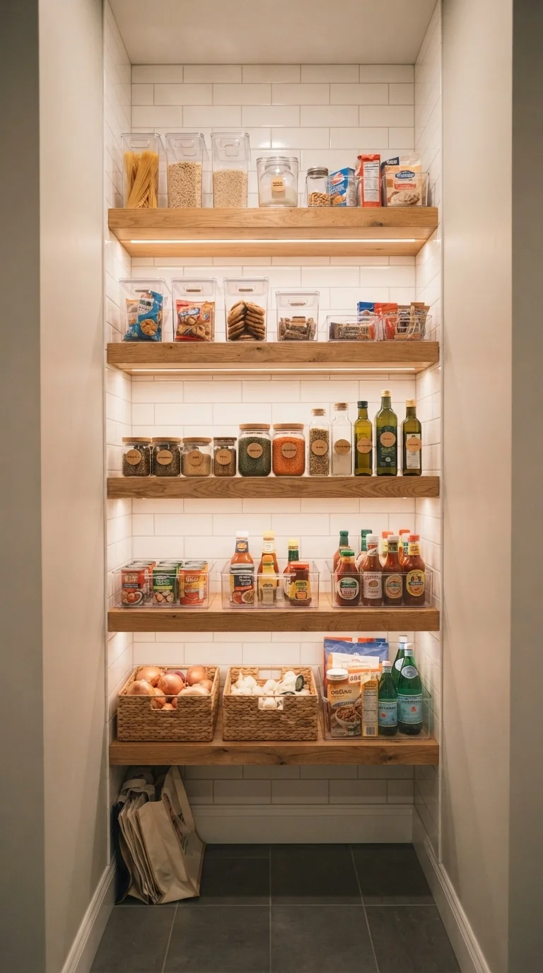 4. Open Floating Shelves with Task Lighting