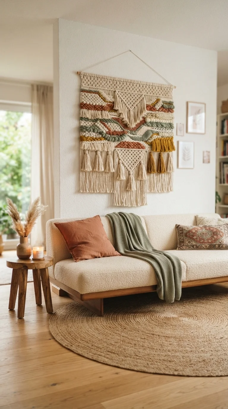 11 Cozy Living Room Wall Decoration Ideas 2026 4. Oversized Textile Tapestry