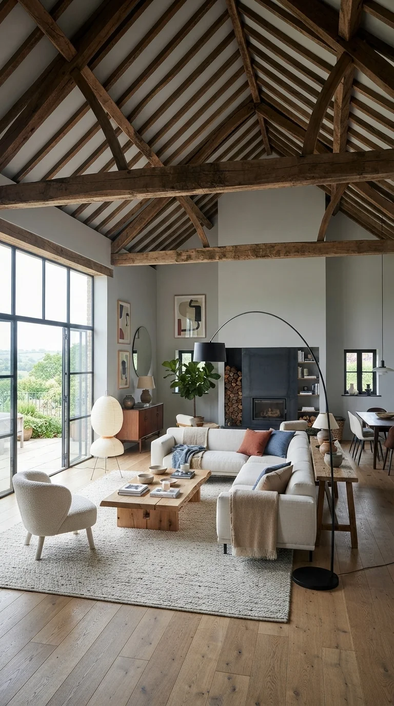 11 Farmhouse Living Room Ideas 2026: Cozy & Modern 4. Reclaimed Wood Ceiling Beams
