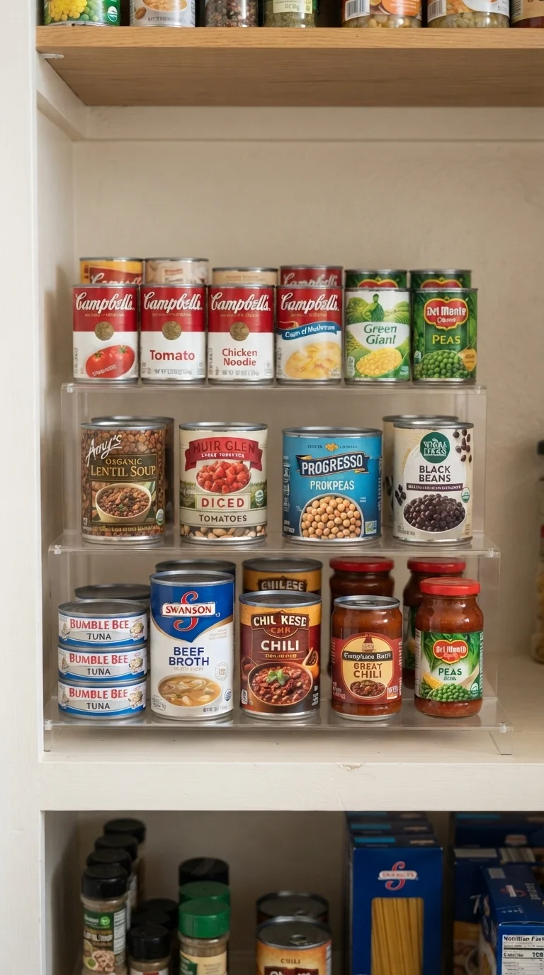 10 Food Pantry Ideas in The Kitchen 2026 Storage Organization 4. Tiered Riser Storage for Canned Goods