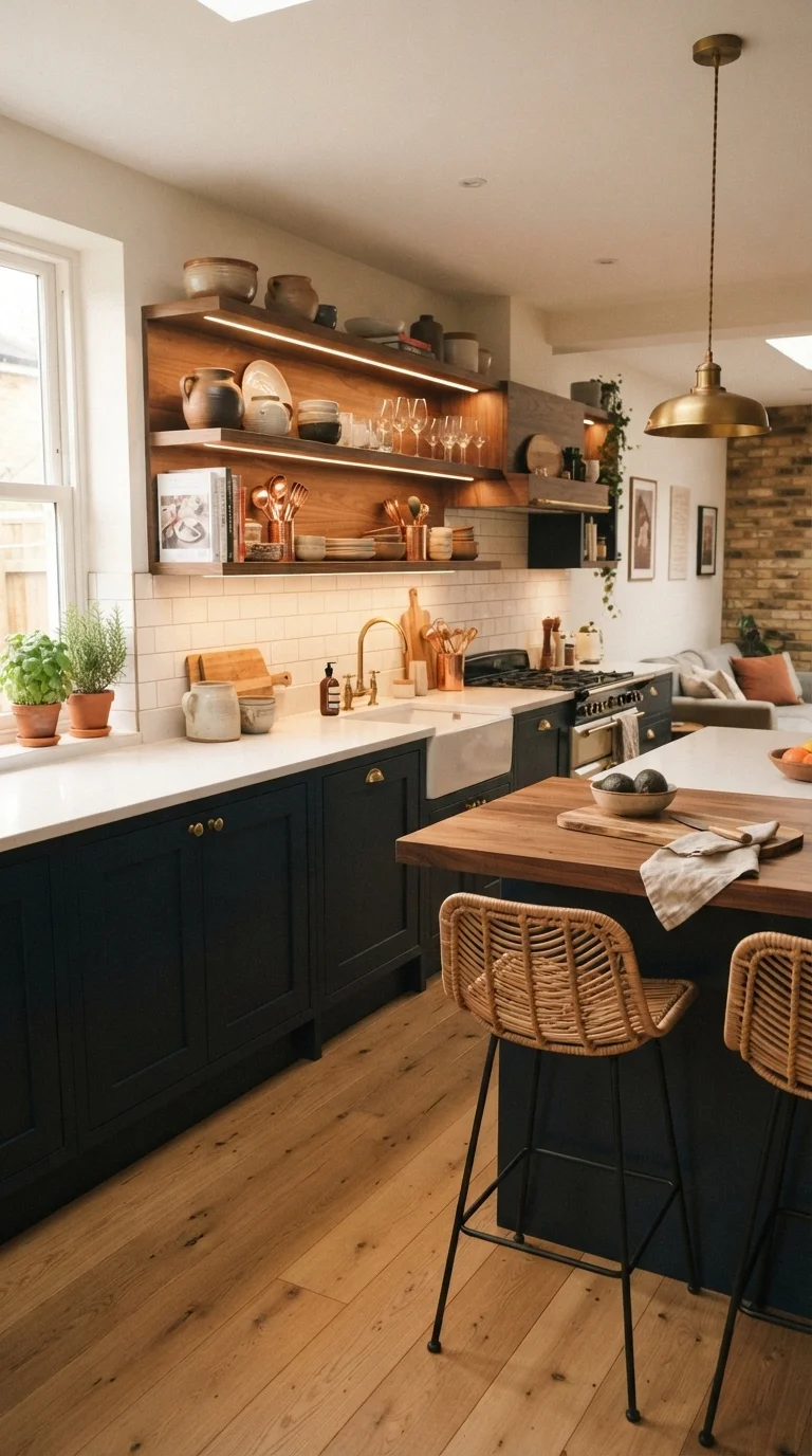 4. Warm Wood Tones to Soften the Dark Palette