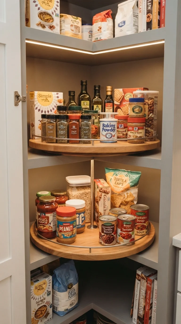10 Food Pantry Ideas in The Kitchen 2026 Storage Organization 5. Corner Lazy Susans for Deep Storage