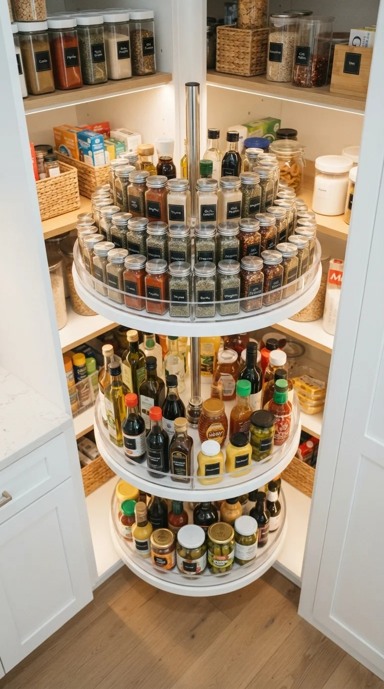 11 Modern Pantry Shelves Ideas 2026 5. Corner-Optimized Lazy Susan Shelves
