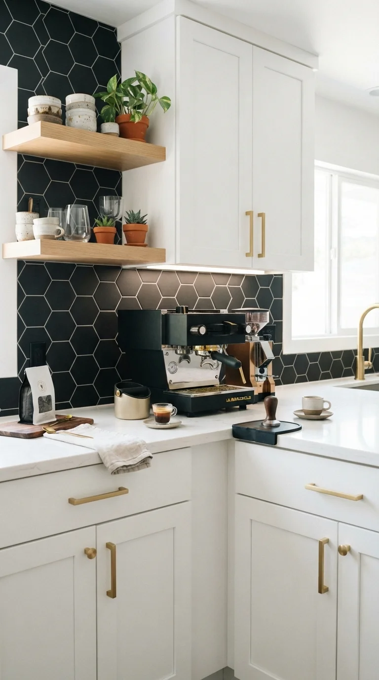 12 Kitchen Backsplash Ideas 2026 Modern White Cabinets 5. Matte Black Hexagon Tiles for Contrast