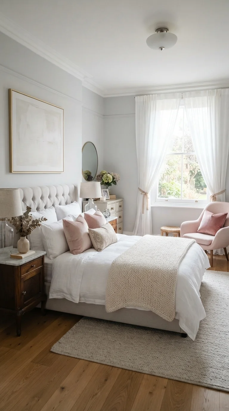 12 Grey Bedroom Ideas 2026 Aesthetic Cozy 5. Soft Silver and Blush Accents