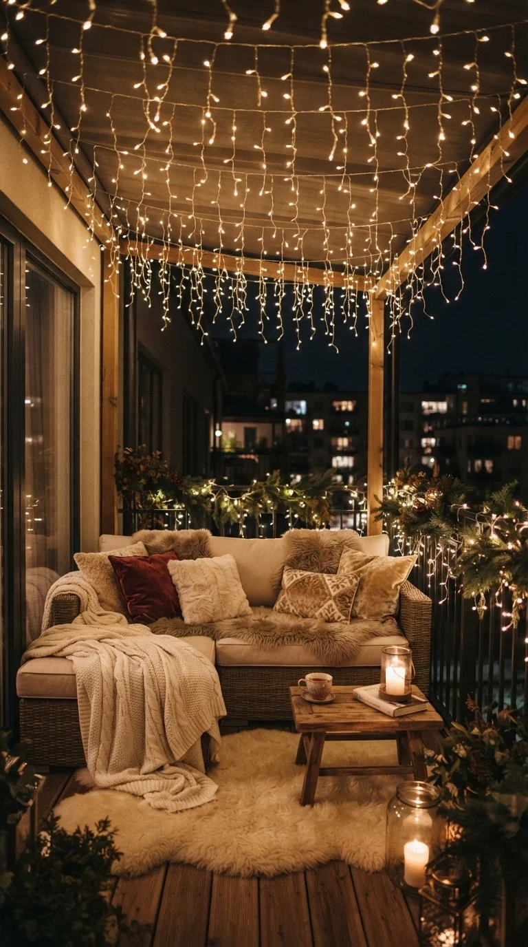 8 Christmas Lights Ideas 2026 House Balcony 5. Starry Night Ceiling Canopy