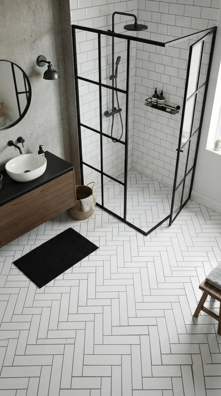 11 Budget-Friendly Bathroom Floor Tile Ideas 2026 5. Subway Tile Herringbone Layout