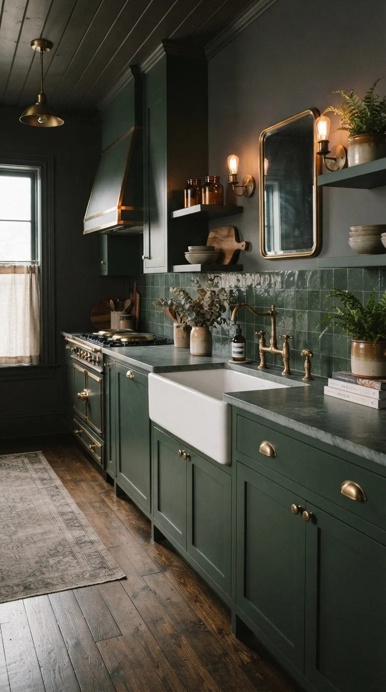 6. Deep Forest Green Cabinetry with Antique Finishes