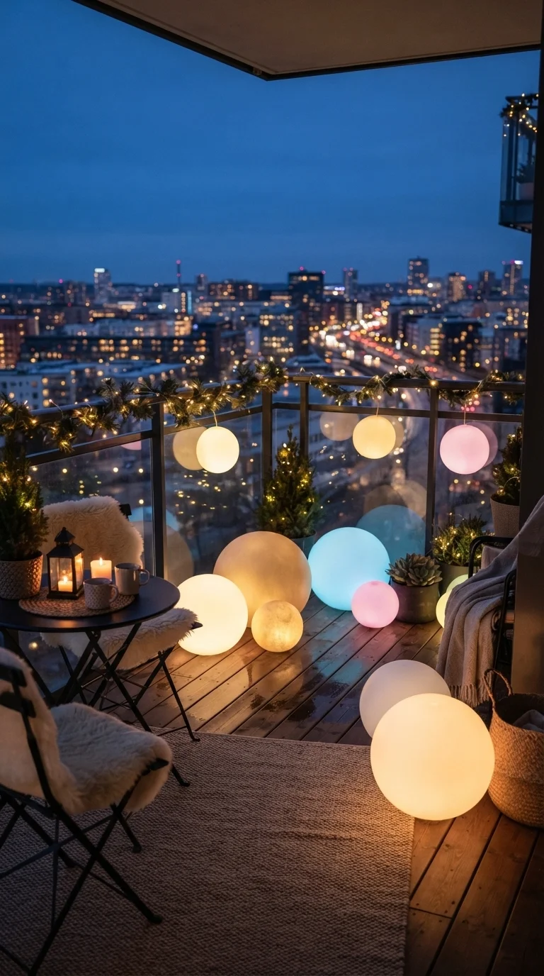 8 Christmas Lights Ideas 2026 House Balcony 6. Floating Orbs and Spheres