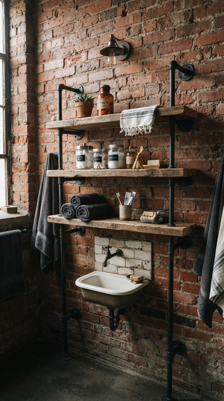 6. Industrial Pipe Shelving with Distressed Metal
