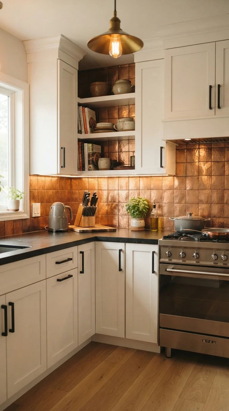 12 Kitchen Backsplash Ideas 2026 Modern White Cabinets 6. Metallic Copper or Brass Tiles