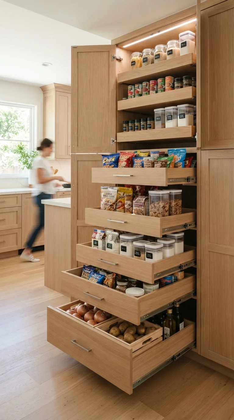 11 Modern Pantry Shelves Ideas 2026 6. Pull-Out Drawer Shelving